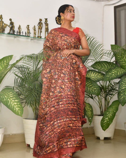 Ethereal Bloom – Chhattisgarh Handwoven Printed Tussar Silk Blend Saree