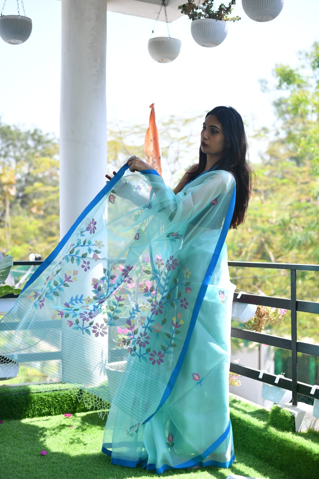 Sky Serenade – Bengal Muslin Silk Jamdani Saree with Silk Logo in Sky Blue