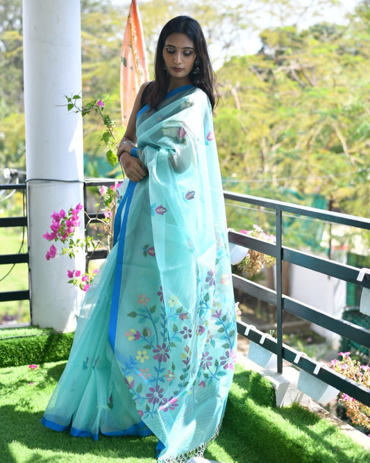 Sky Serenade – Bengal Muslin Silk Jamdani Saree with Silk Logo in Sky Blue
