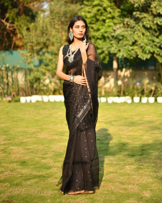 SOLD Noir Mystique – Bengal Pure Muslin Silk Saree with Silk Mark in Black