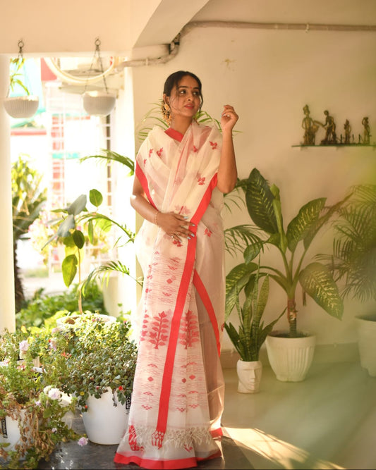SOLD Saffron Blossom – Bengal Original Maslin Silk Saree in White and Red with Silk Mark