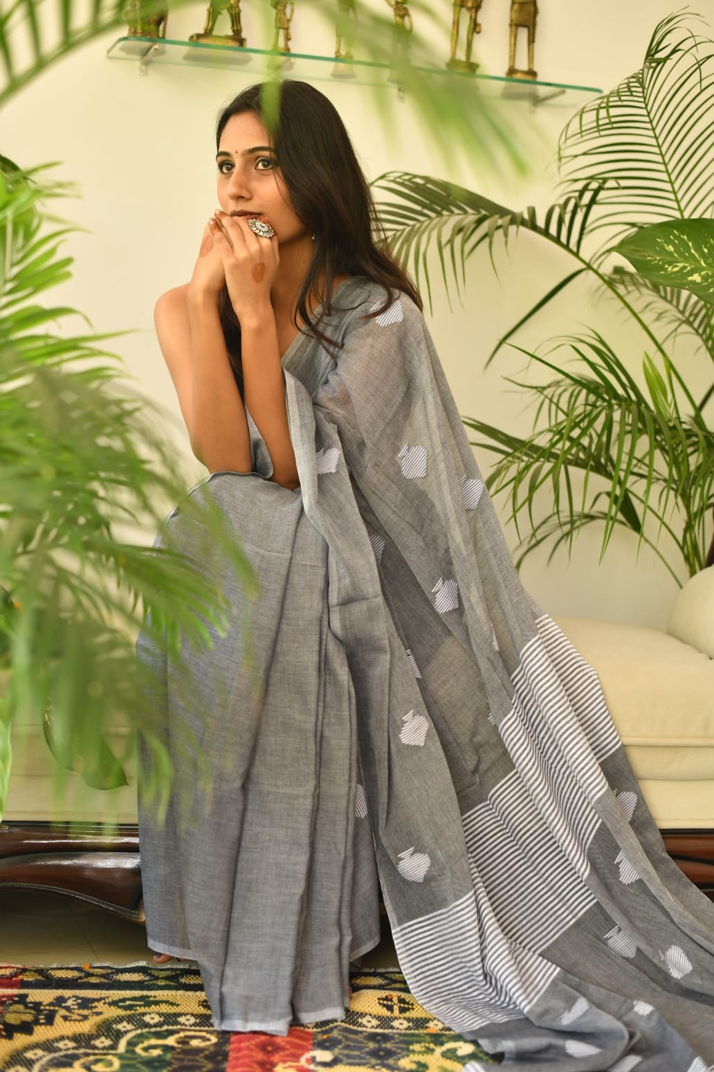 SOLD Mystic Grey – Bengal Pure Molmol Cotton Jamdani Saree with Handloom Mark