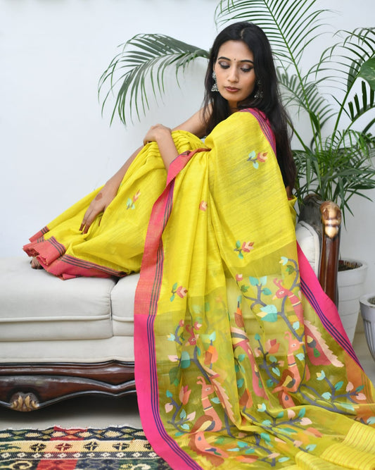 Sold Lemon Glow – Bengal Matka Silk Saree with Blouse and Silk Mark Tag