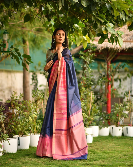 Twilight Charm – Chhattisgarh Tussar Silk Blend Saree with Contrast Dark Blue Blouse