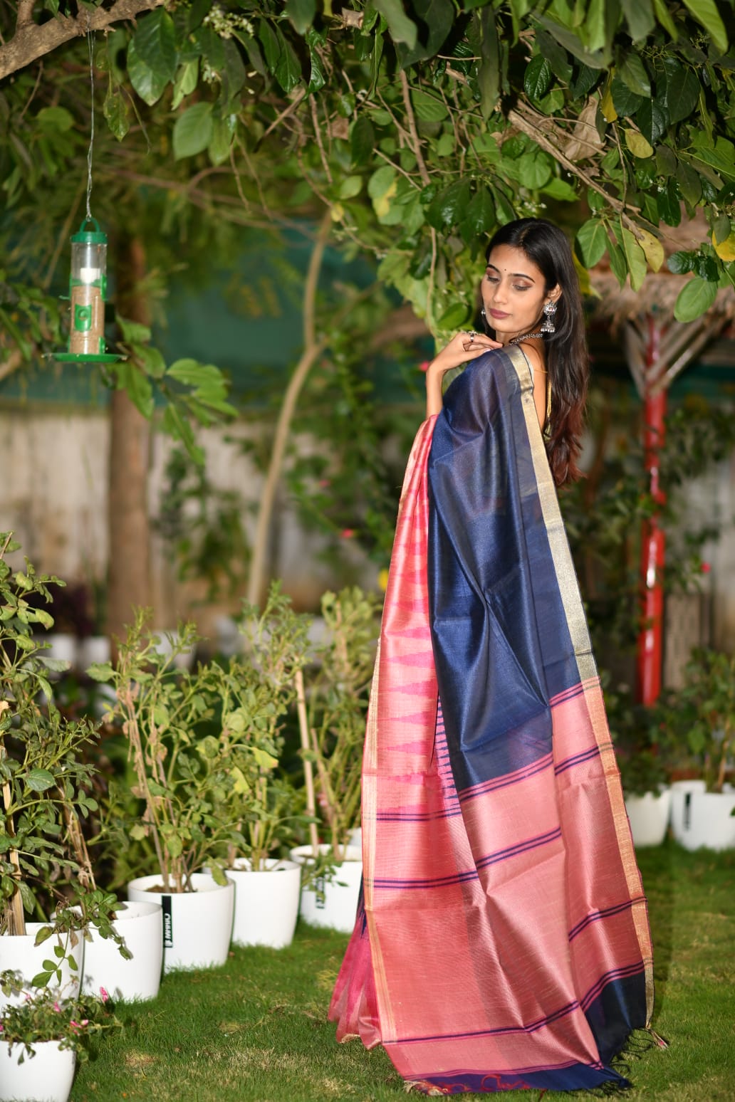 Twilight Charm – Chhattisgarh Tussar Silk Blend Saree with Contrast Dark Blue Blouse