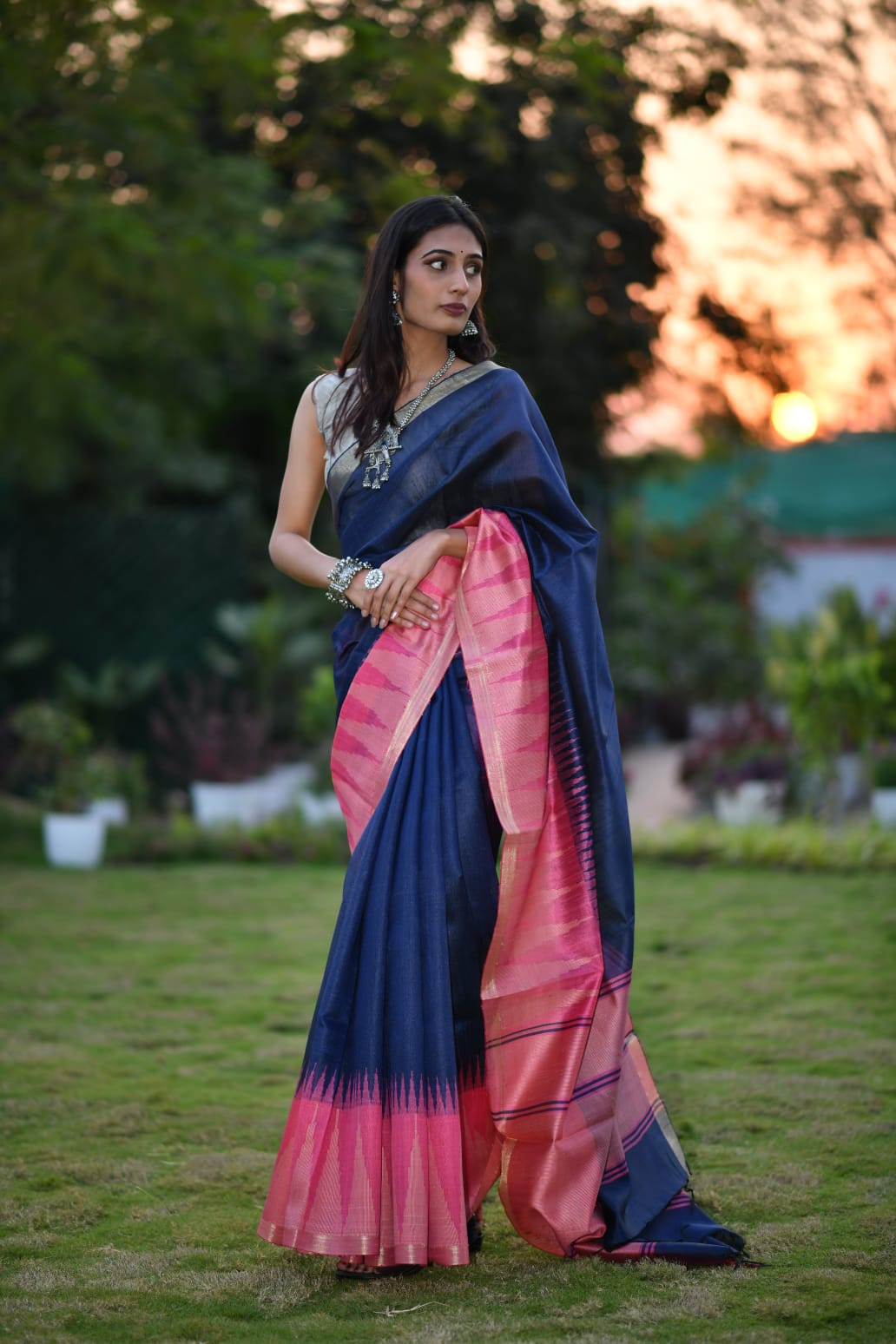 Twilight Charm – Chhattisgarh Tussar Silk Blend Saree with Contrast Dark Blue Blouse