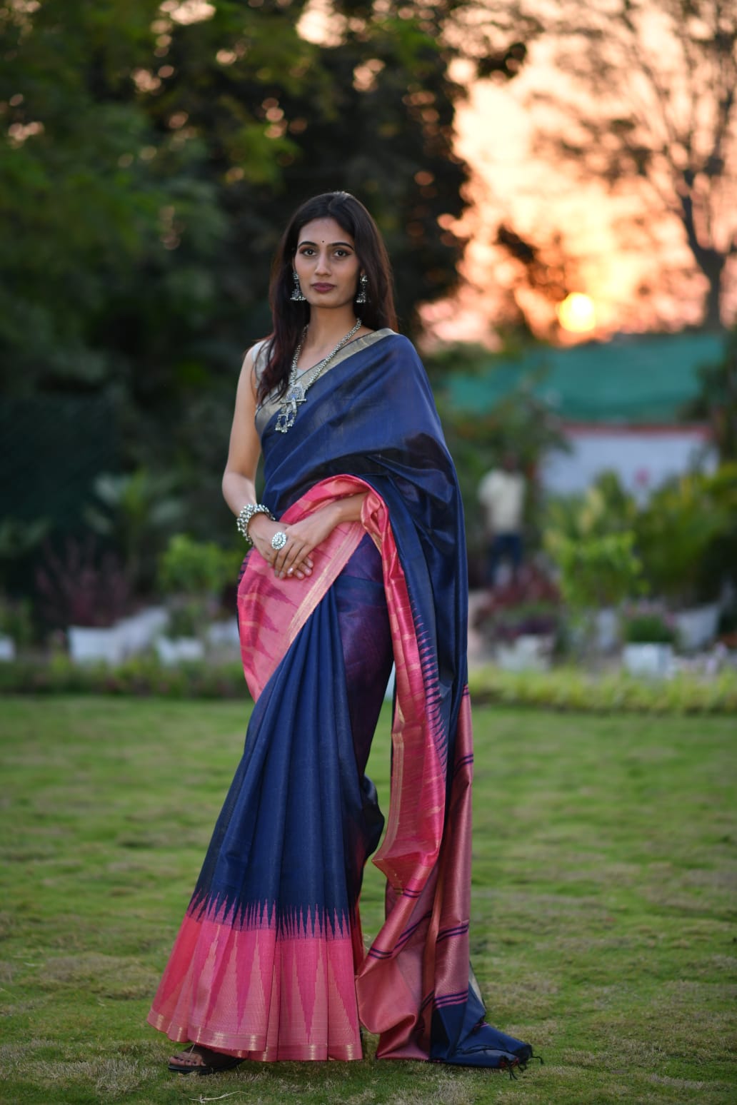 Twilight Charm – Chhattisgarh Tussar Silk Blend Saree with Contrast Dark Blue Blouse