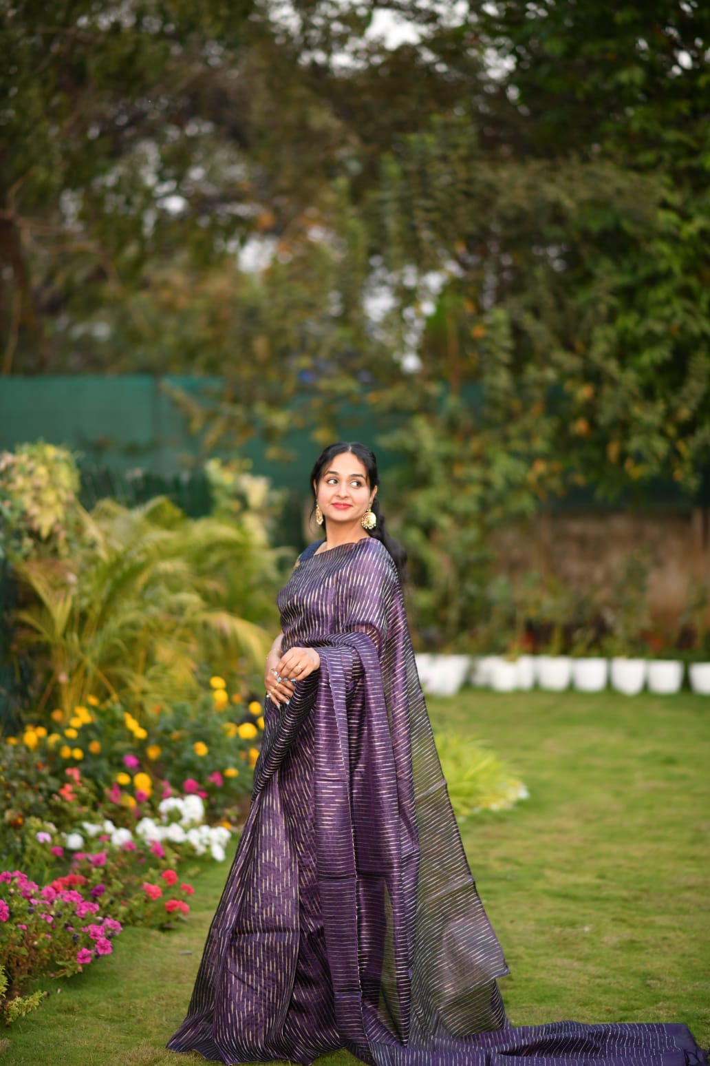 Royal Veins – Chhattisgarh Handwoven Pure Tussar Silk Saree in Deep Purple with Stripes