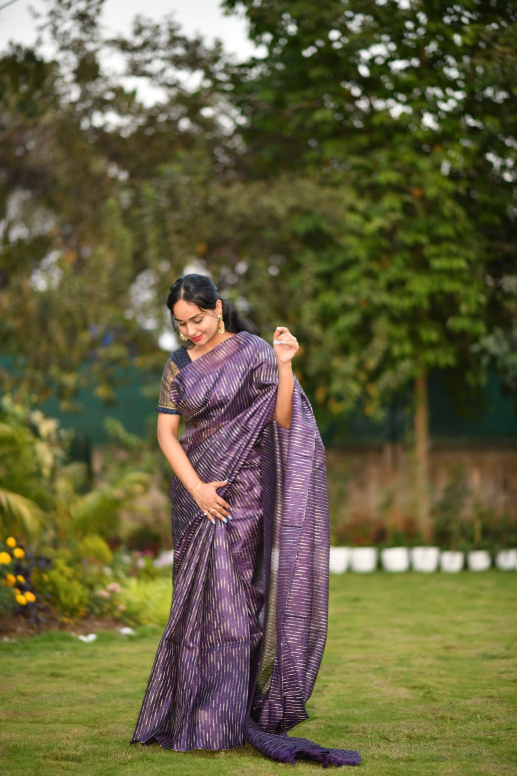 Royal Veins – Chhattisgarh Handwoven Pure Tussar Silk Saree in Deep Purple with Stripes