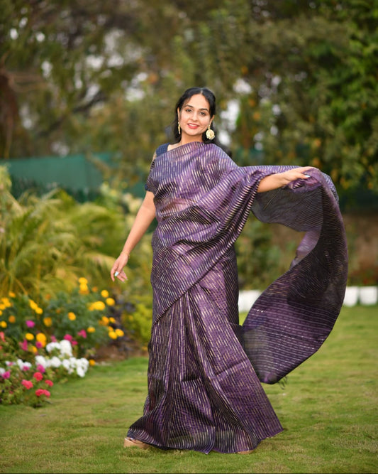 Royal Veins – Chhattisgarh Handwoven Pure Tussar Silk Saree in Deep Purple with Stripes