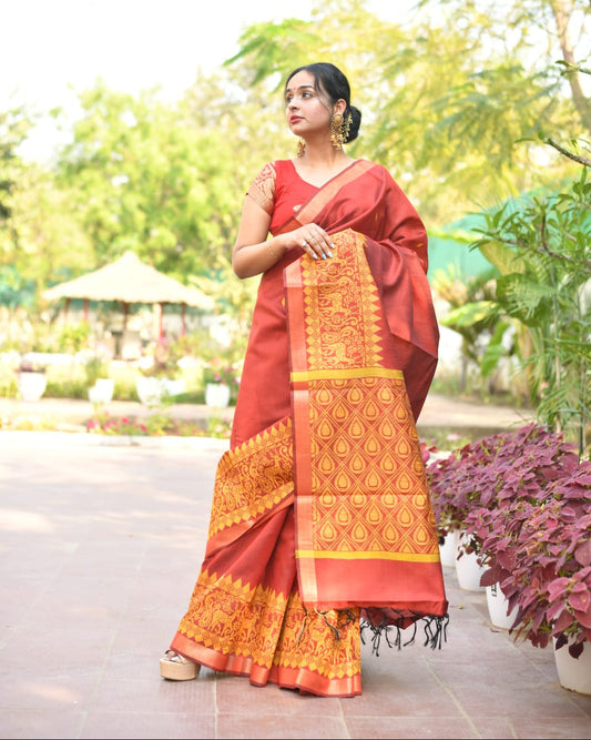 Crimson Aura – Chhattisgarh Handwoven Mix Tussar Silk Saree in Maroon