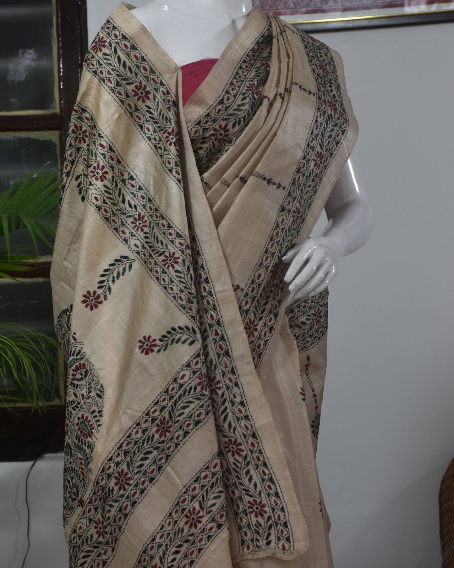 Vanya Varnam – Pure Tussar Silk Saree with Kantha Embroidery