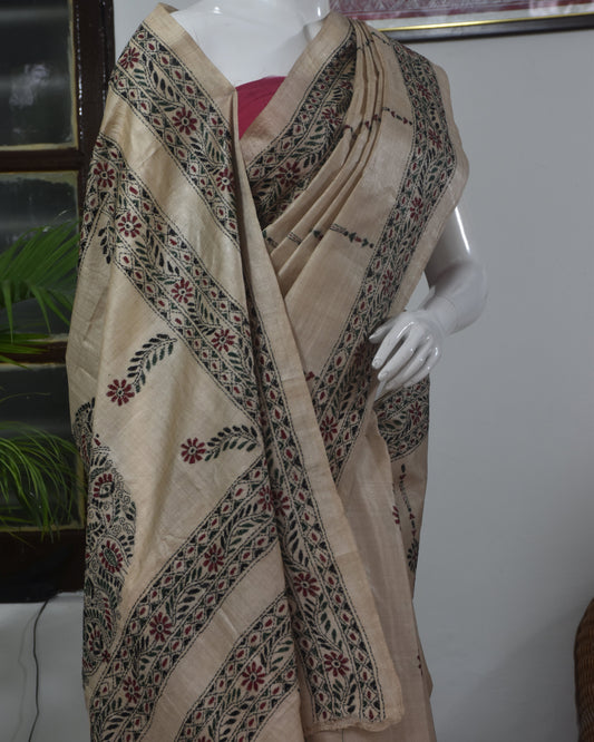Vanya Varnam – Pure Tussar Silk Saree with Kantha Embroidery