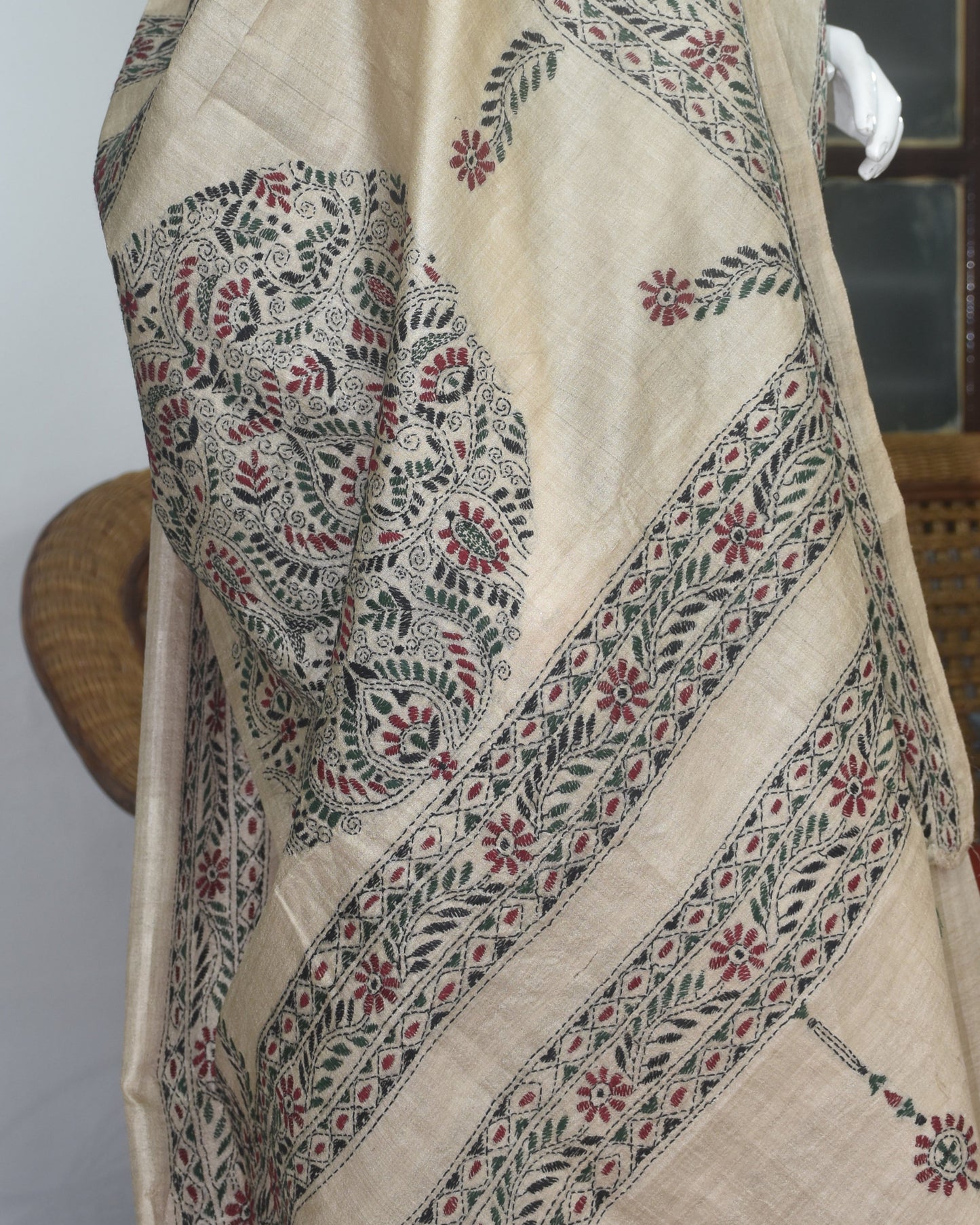 Vanya Varnam – Pure Tussar Silk Saree with Kantha Embroidery