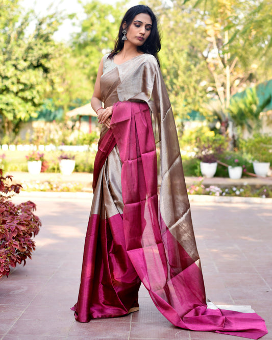Silken Sheen – Pure Handwoven Satin Chanderi Saree with Handloom Tag