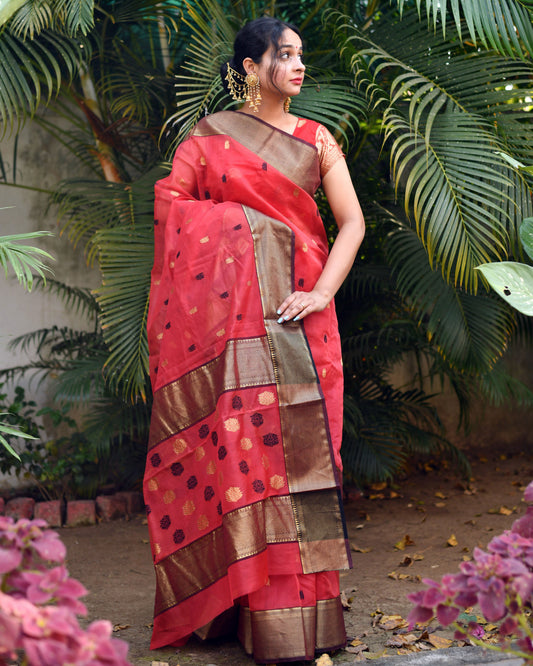 Scarlet Radiance – Red Handwoven Pure Silk Chanderi Saree with Blouse & Silk Mark Tag