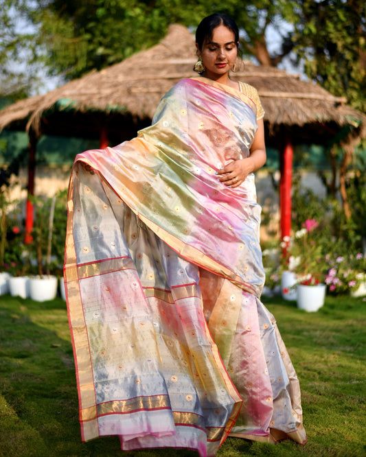 Royal Radiance – Handwoven Pure Dupion Silk Chanderi Saree with Blouse & Silk Mark Tag