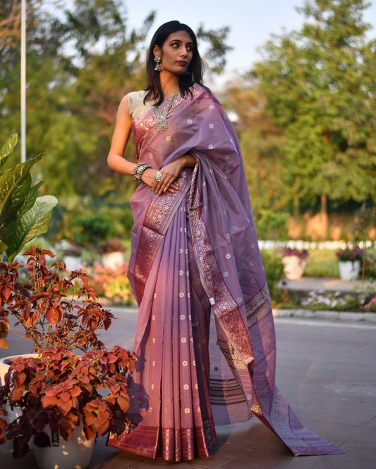 Heritage Hues –  Pure Handwoven Silk Cotton Chanderi Saree with Unstitched Blouse & Handloom Tag