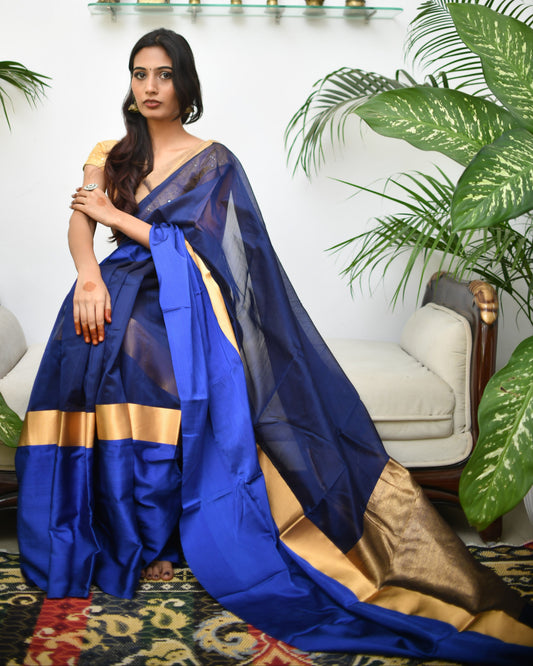 Sold Midnight Luxe – Navy Blue Pure Handwoven Satin Chanderi Saree with Handloom Tag