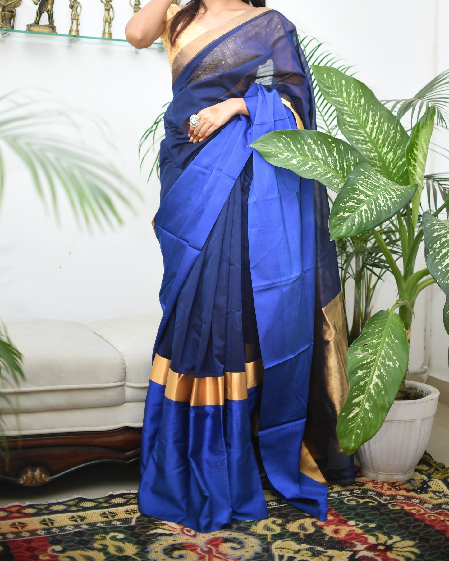 Sold Midnight Luxe – Navy Blue Pure Handwoven Satin Chanderi Saree with Handloom Tag