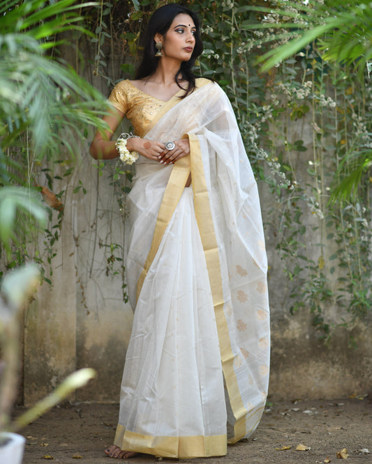 Elegance Woven – Pure Handwoven Silk Cotton Chanderi Saree with Blouse & Authentic Handloom Tag