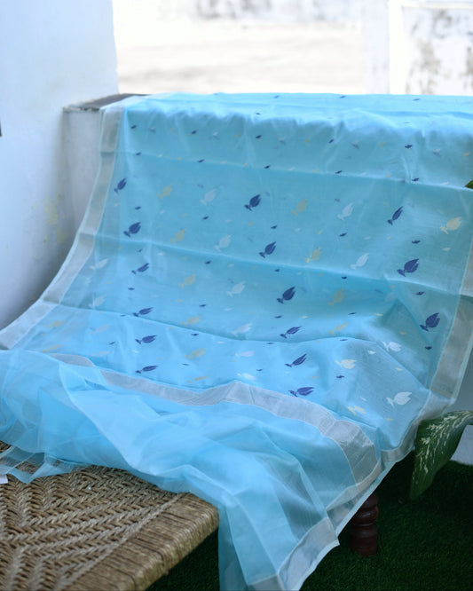 Chanderi Blue – Handwoven Pure Chanderi Saree with Unstitched Blouse