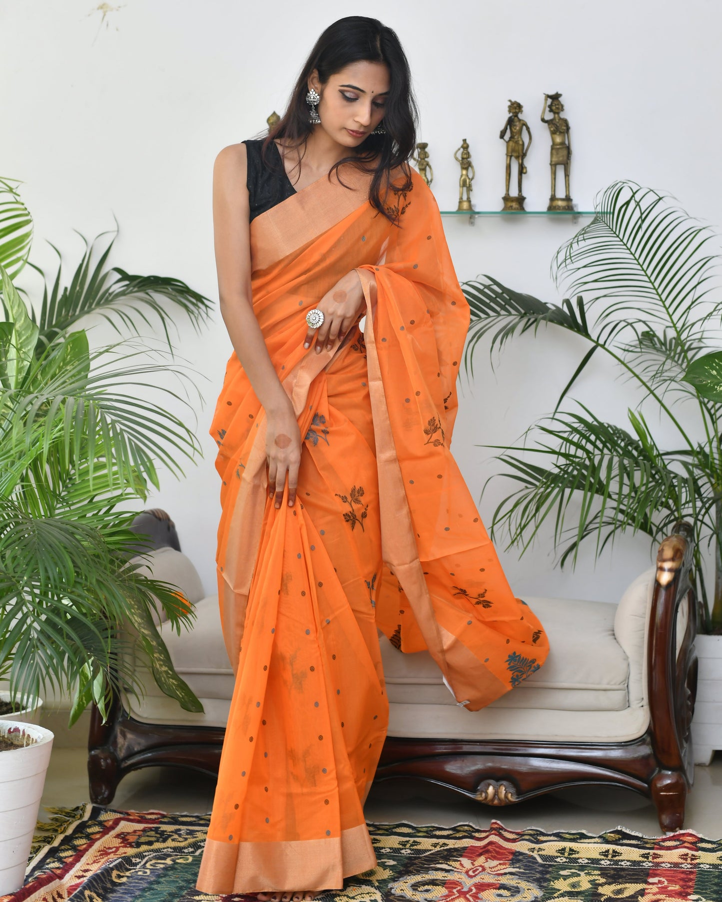 Tangerine Grace – Orange Handwoven Pure Silk Cotton Chanderi Saree with Blouse & Handloom Tag