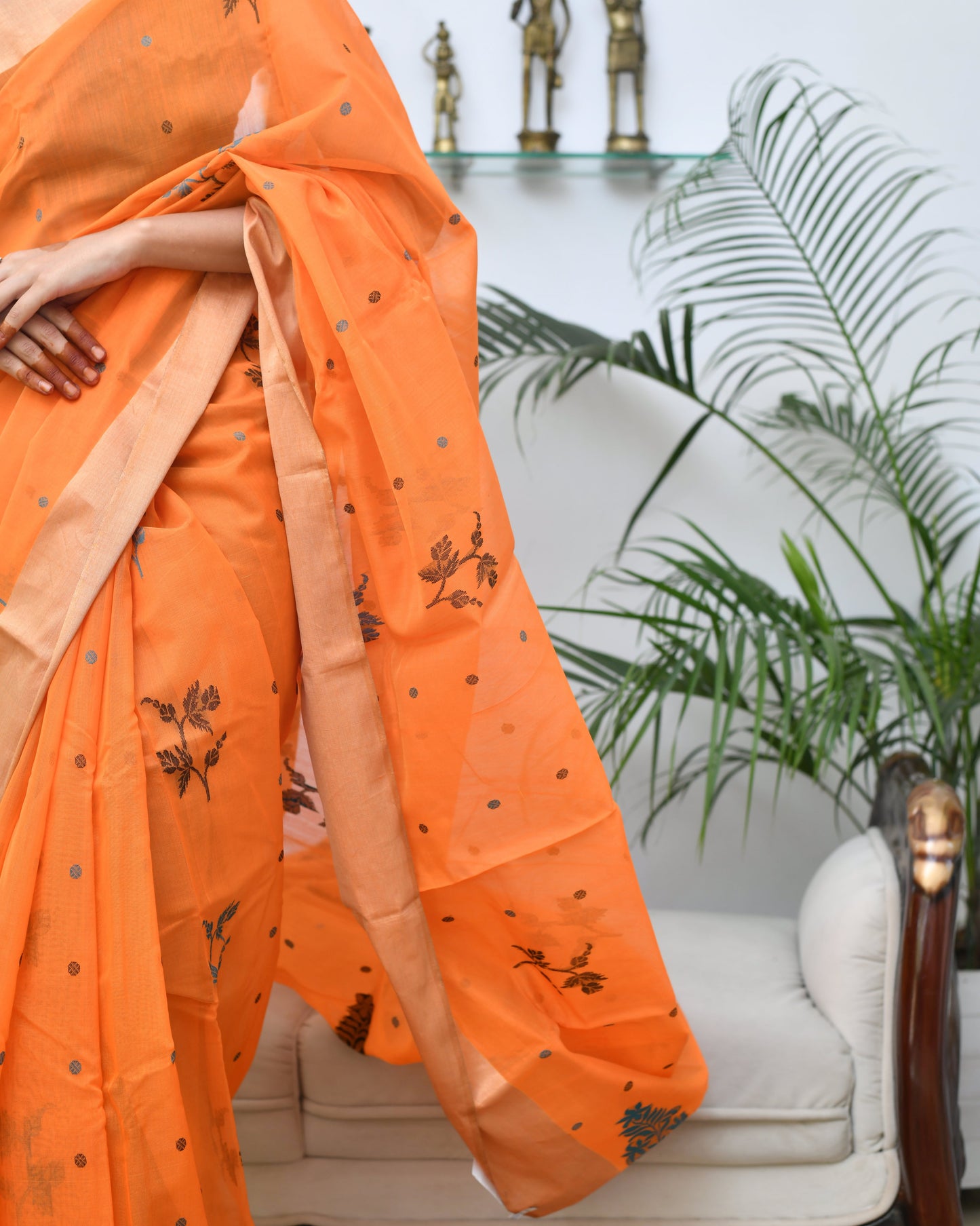 Tangerine Grace – Orange Handwoven Pure Silk Cotton Chanderi Saree with Blouse & Handloom Tag