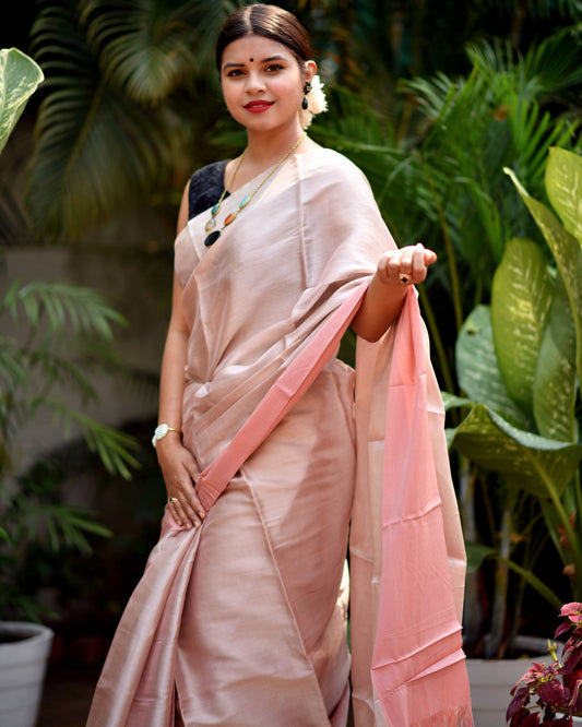 Pink Shimmer – Handwoven Pure Satin Chanderi Saree with Handloom Tag