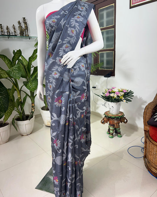 SOLD Moonlit Bloom – Pure Tussar Silk Saree with Jamdani Work