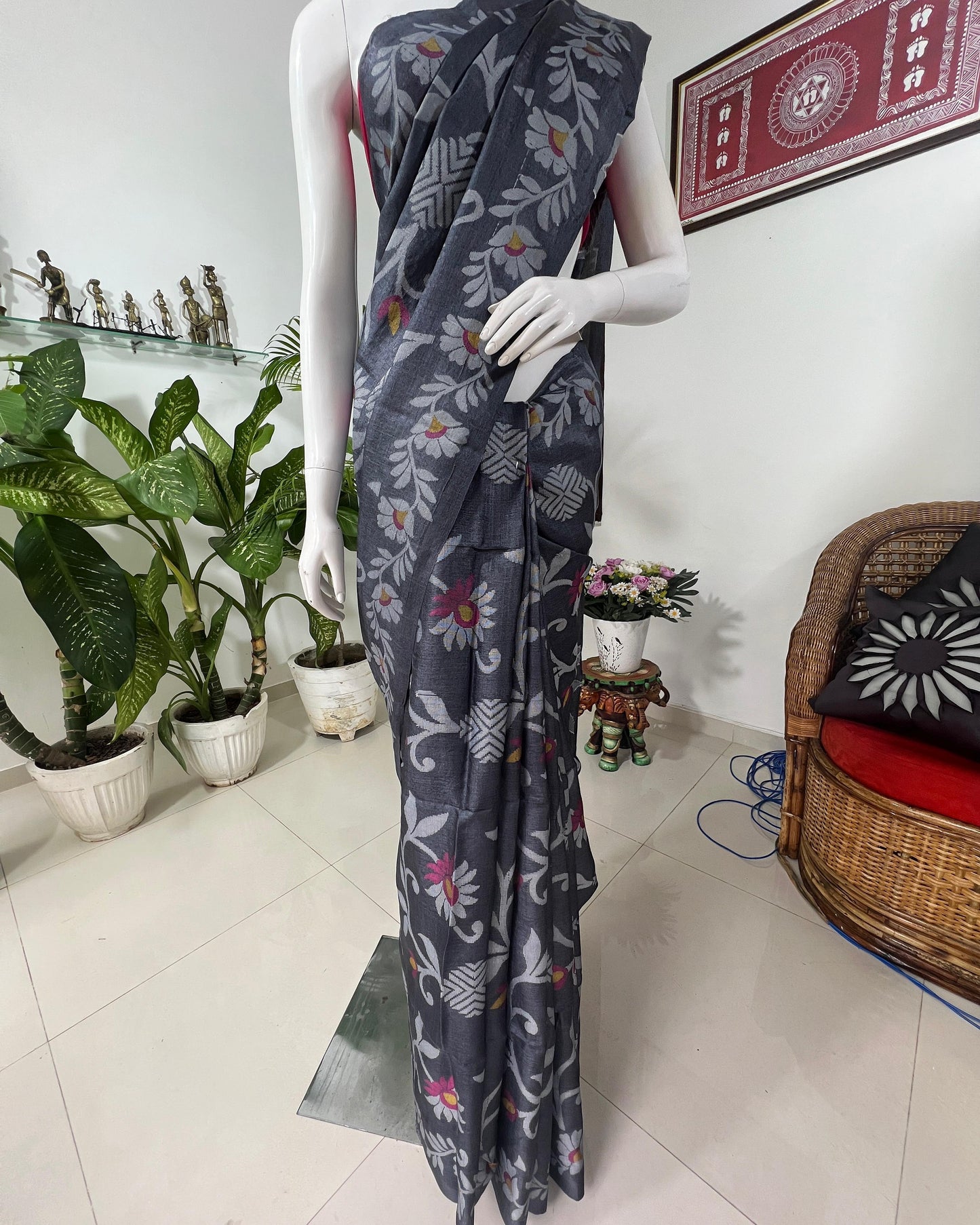 SOLD Moonlit Bloom – Pure Tussar Silk Saree with Jamdani Work