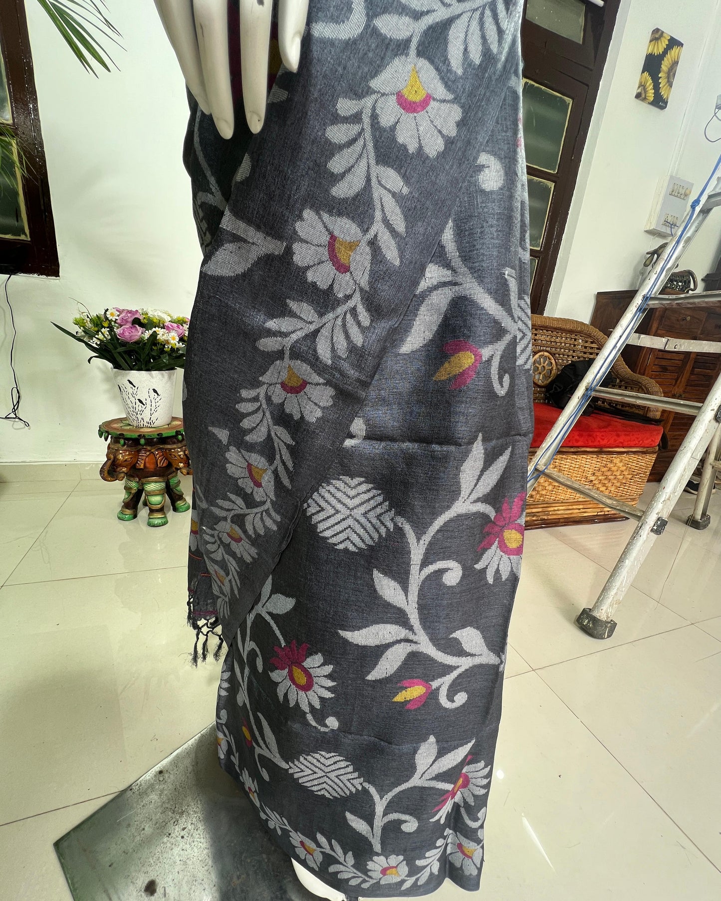 SOLD Moonlit Bloom – Pure Tussar Silk Saree with Jamdani Work