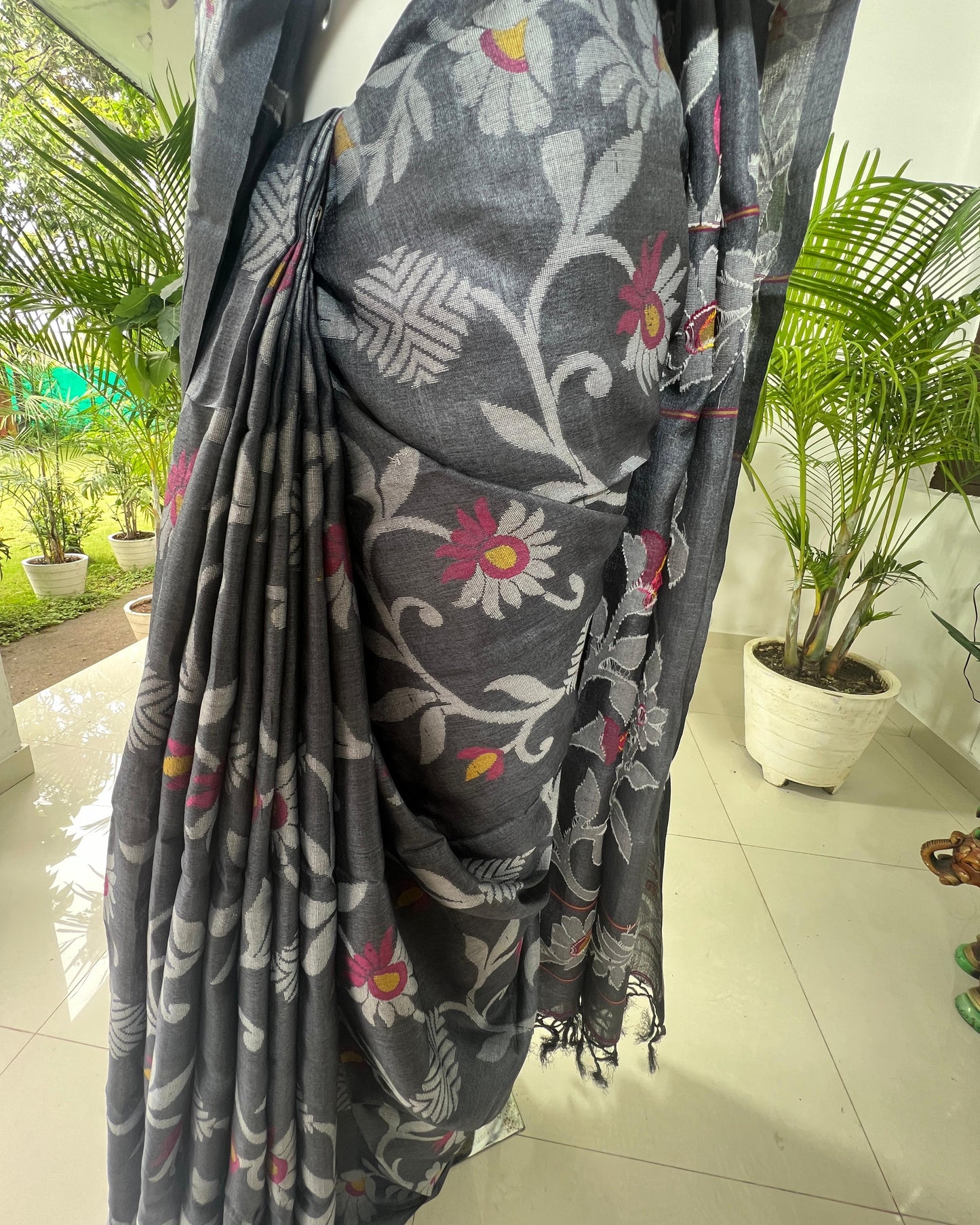 SOLD Moonlit Bloom – Pure Tussar Silk Saree with Jamdani Work