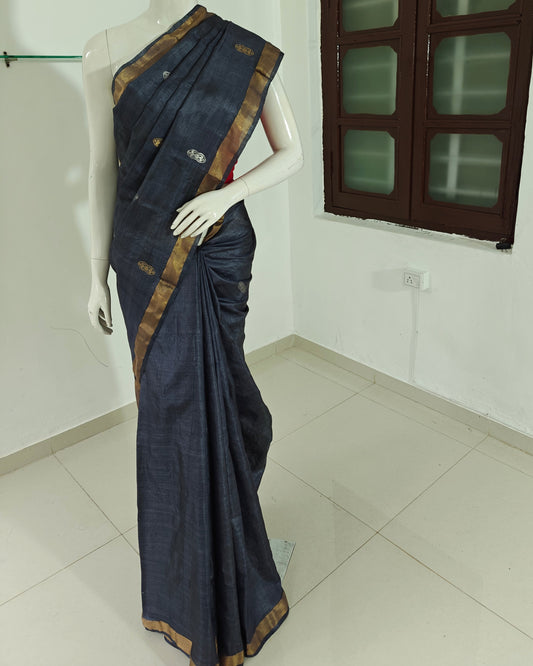 Azure Mist – Chhattisgarh Handwoven Pure Tussar Silk Saree with Silk Mark in Greyish Blue