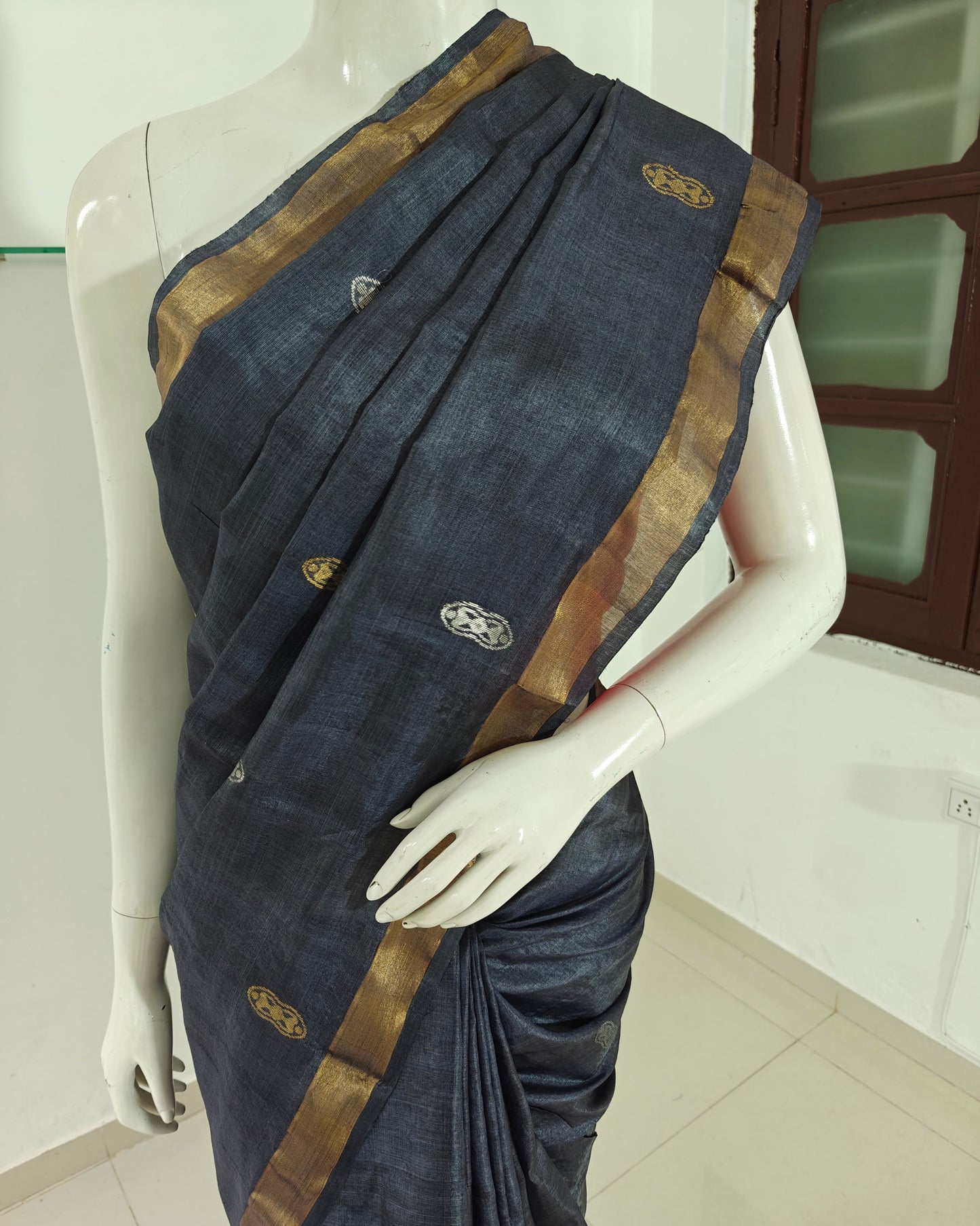 Azure Mist – Chhattisgarh Handwoven Pure Tussar Silk Saree with Silk Mark in Greyish Blue