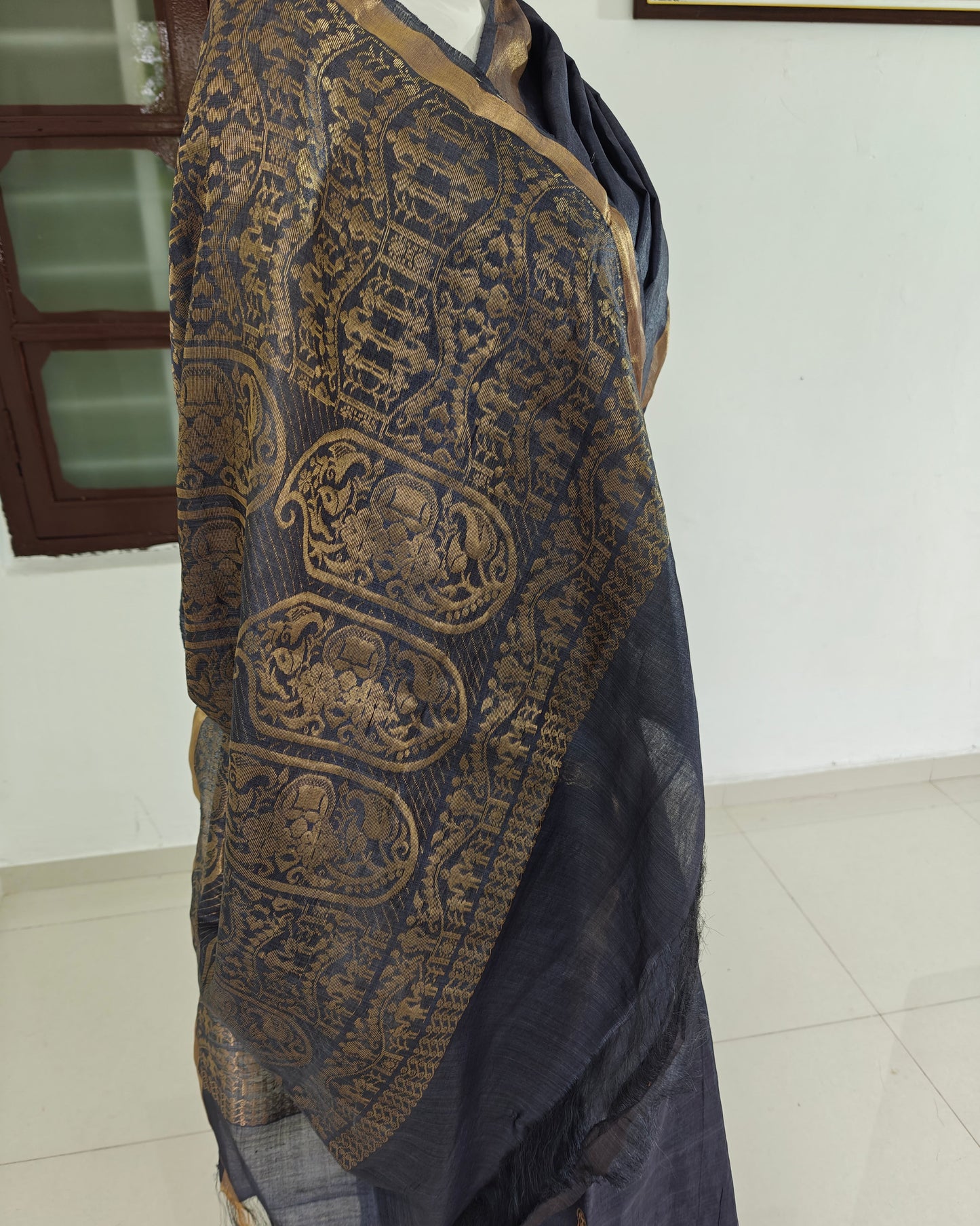 Azure Mist – Chhattisgarh Handwoven Pure Tussar Silk Saree with Silk Mark in Greyish Blue