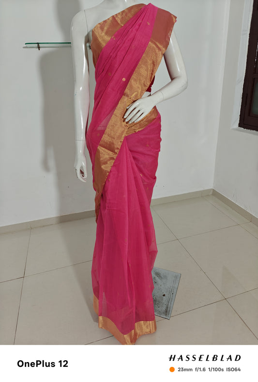 Soft Pink Elegance – Pure Handwoven Silk Cotton Chanderi Saree with Blouse & Handloom Tag