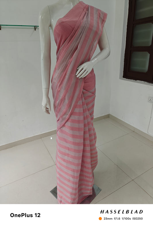 Rosy Reverie – Pink Handwoven Pure Satin Chanderi Saree | Handloom Certified
