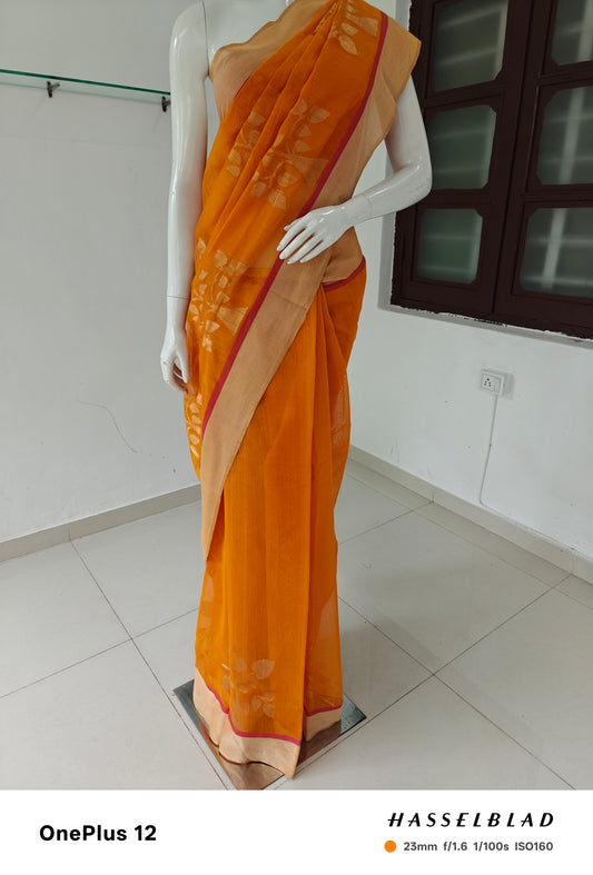 Sunset Aura – Orange Handwoven Pure Silk Cotton Chanderi Saree with Blouse & Handloom Tag