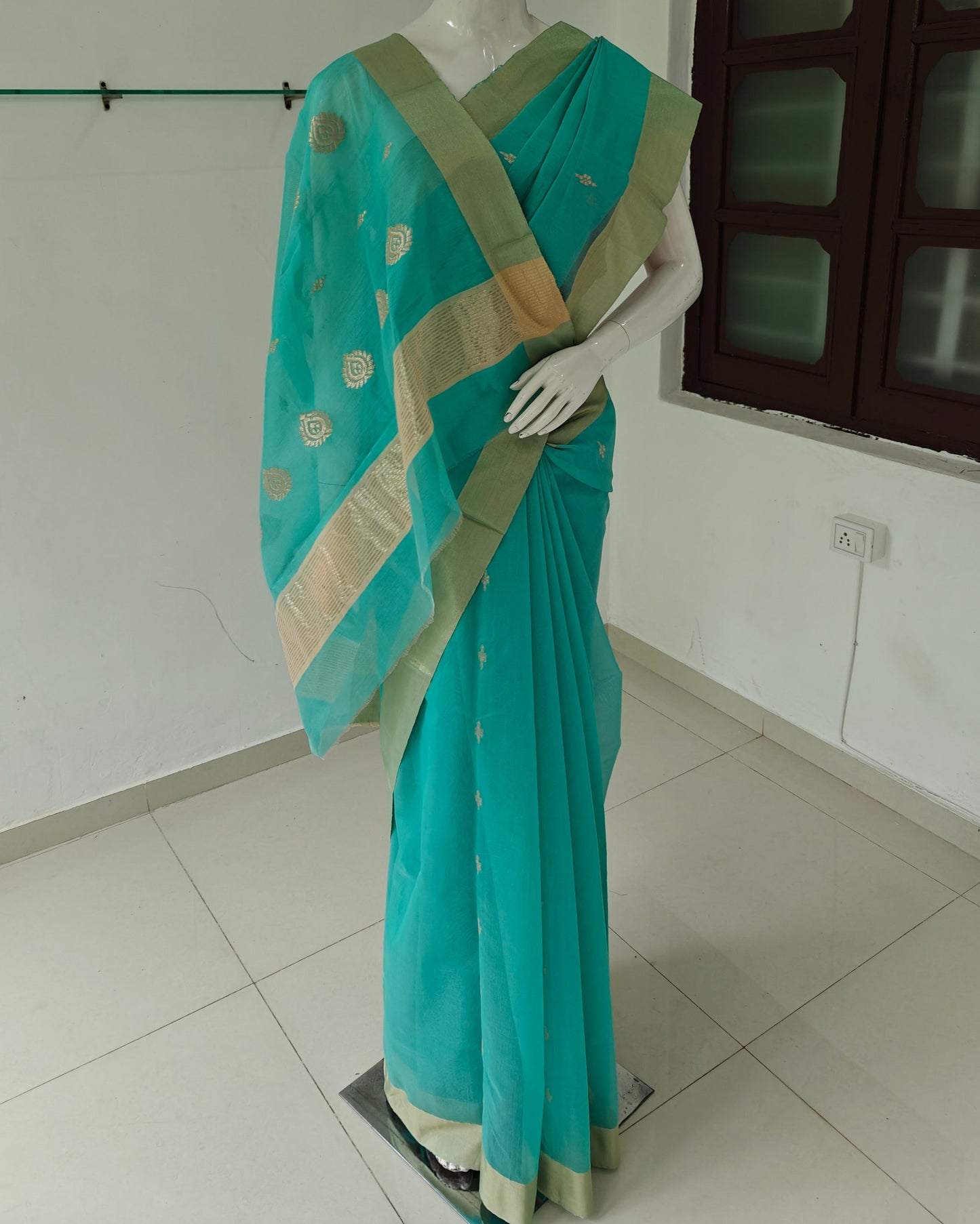 Threaded Elegance –  Pure Handwoven Silk Cotton Chanderi Saree with Blouse & Handloom Tag