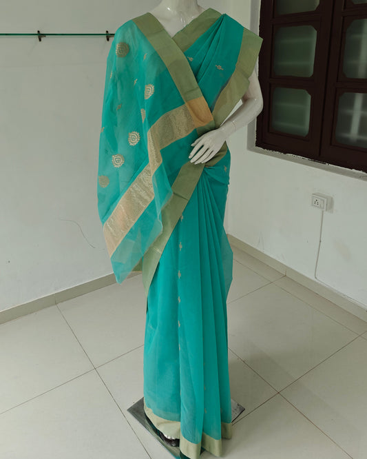 Threaded Elegance –  Pure Handwoven Silk Cotton Chanderi Saree with Blouse & Handloom Tag