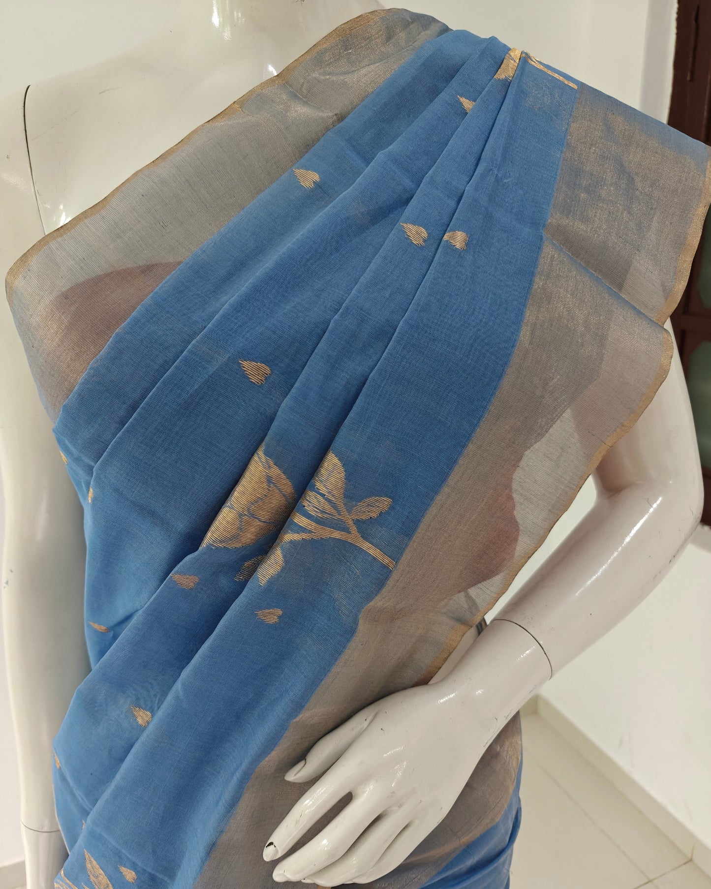 Azure Grace – Blue Handwoven Pure Silk Cotton Chanderi Saree with Blouse & Handloom Tag