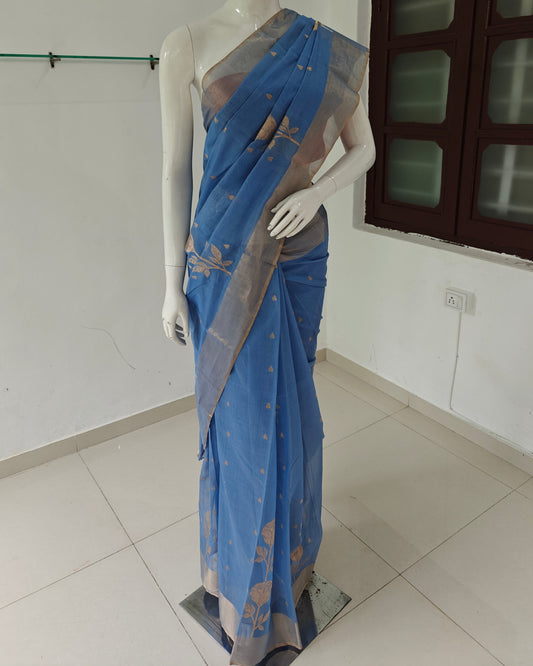Azure Grace – Blue Handwoven Pure Silk Cotton Chanderi Saree with Blouse & Handloom Tag