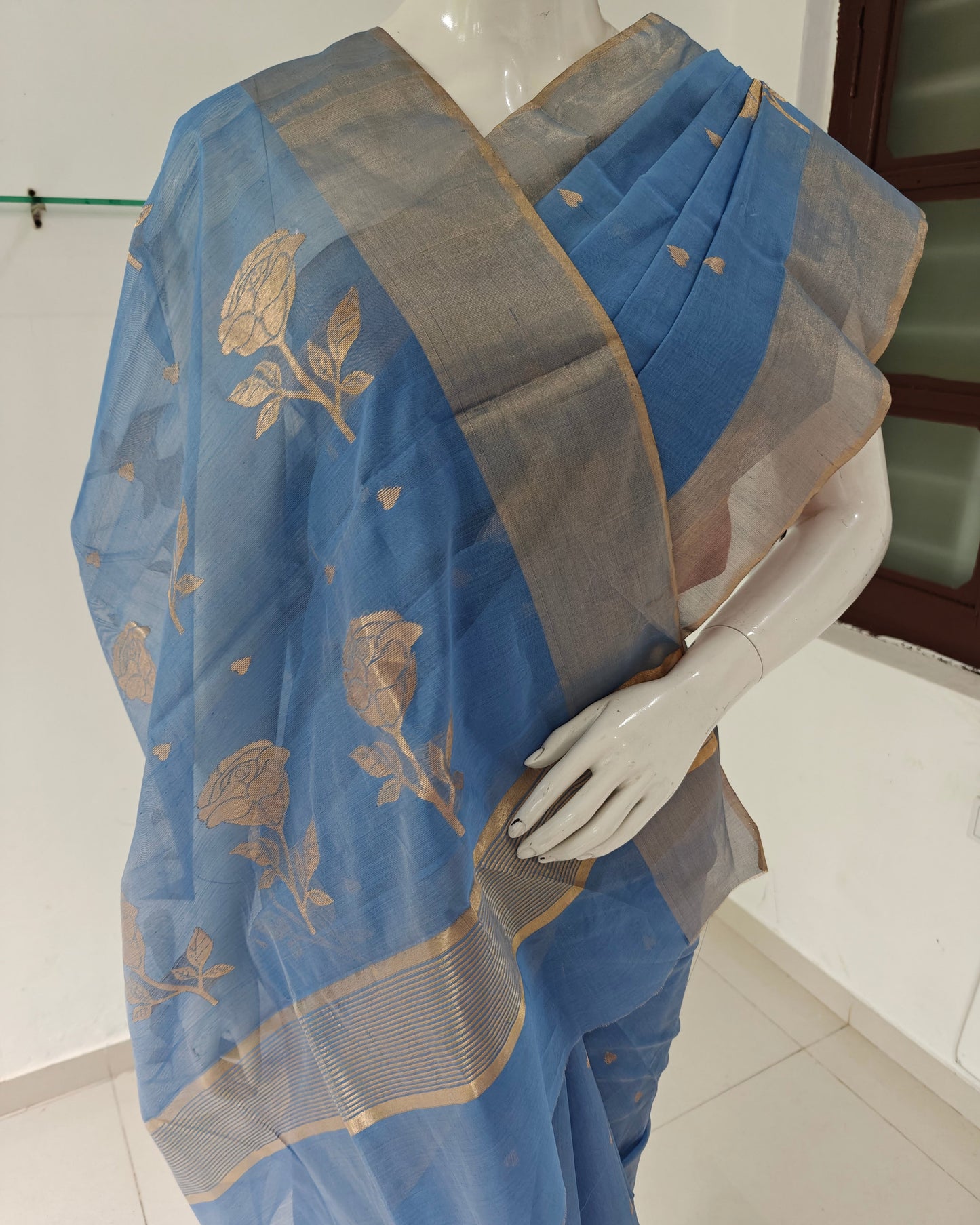 Azure Grace – Blue Handwoven Pure Silk Cotton Chanderi Saree with Blouse & Handloom Tag