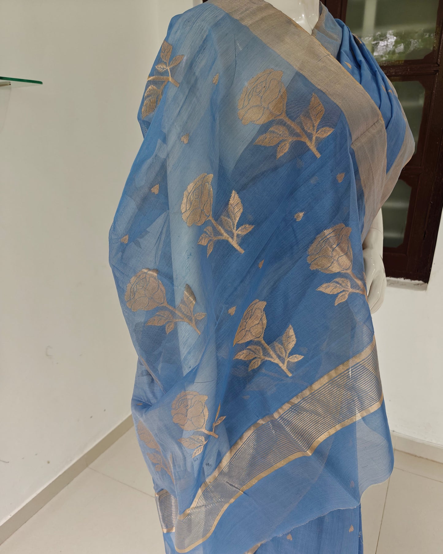 Azure Grace – Blue Handwoven Pure Silk Cotton Chanderi Saree with Blouse & Handloom Tag