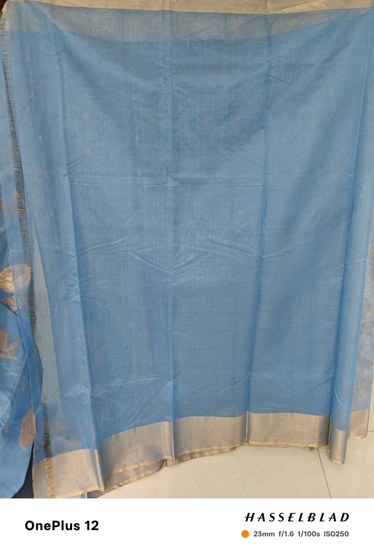 Azure Grace – Blue Handwoven Pure Silk Cotton Chanderi Saree with Blouse & Handloom Tag
