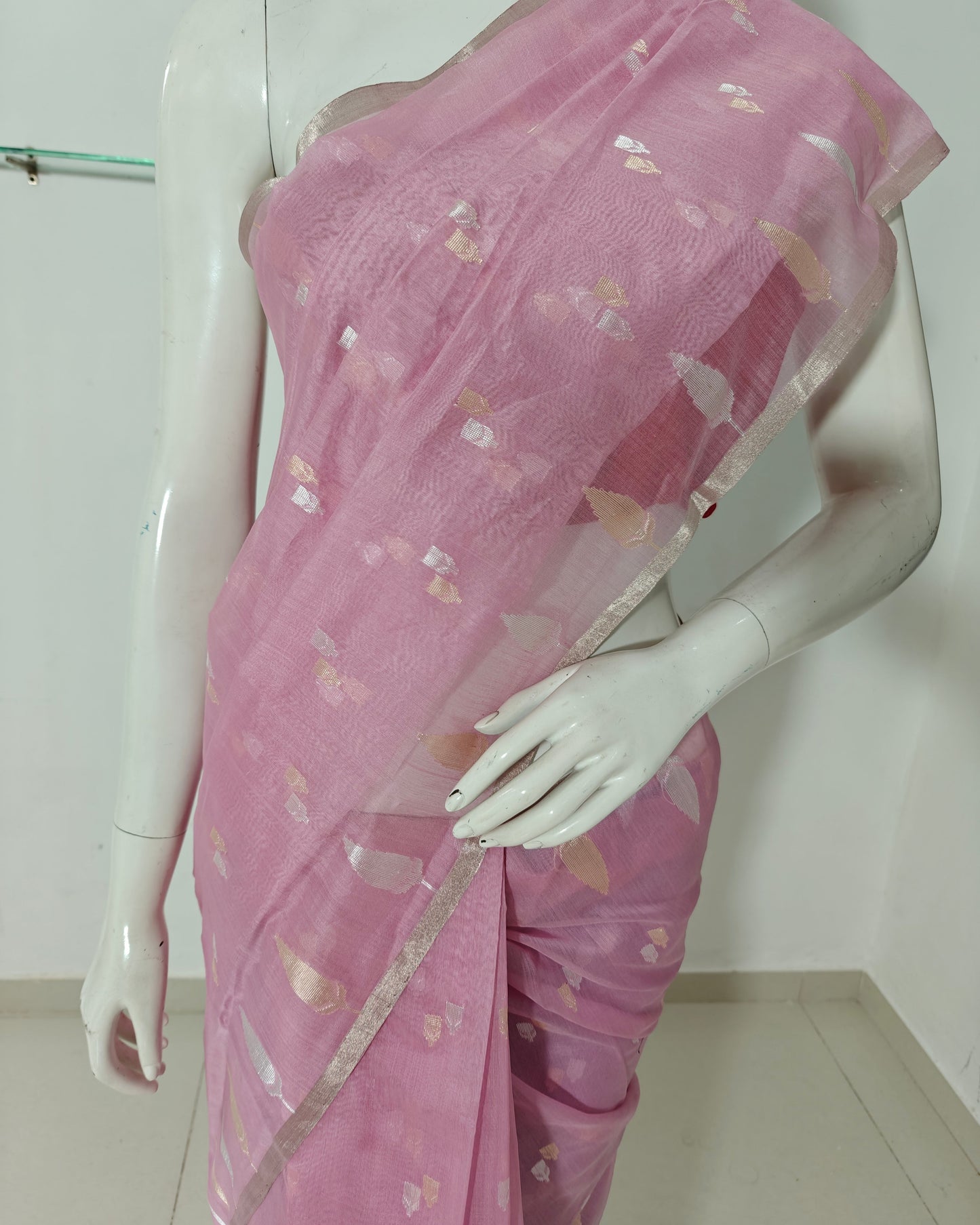 Blush Harmony – Pure Handwoven Pink Silk Cotton Chanderi Saree with Unstitched Blouse & Handloom Tag