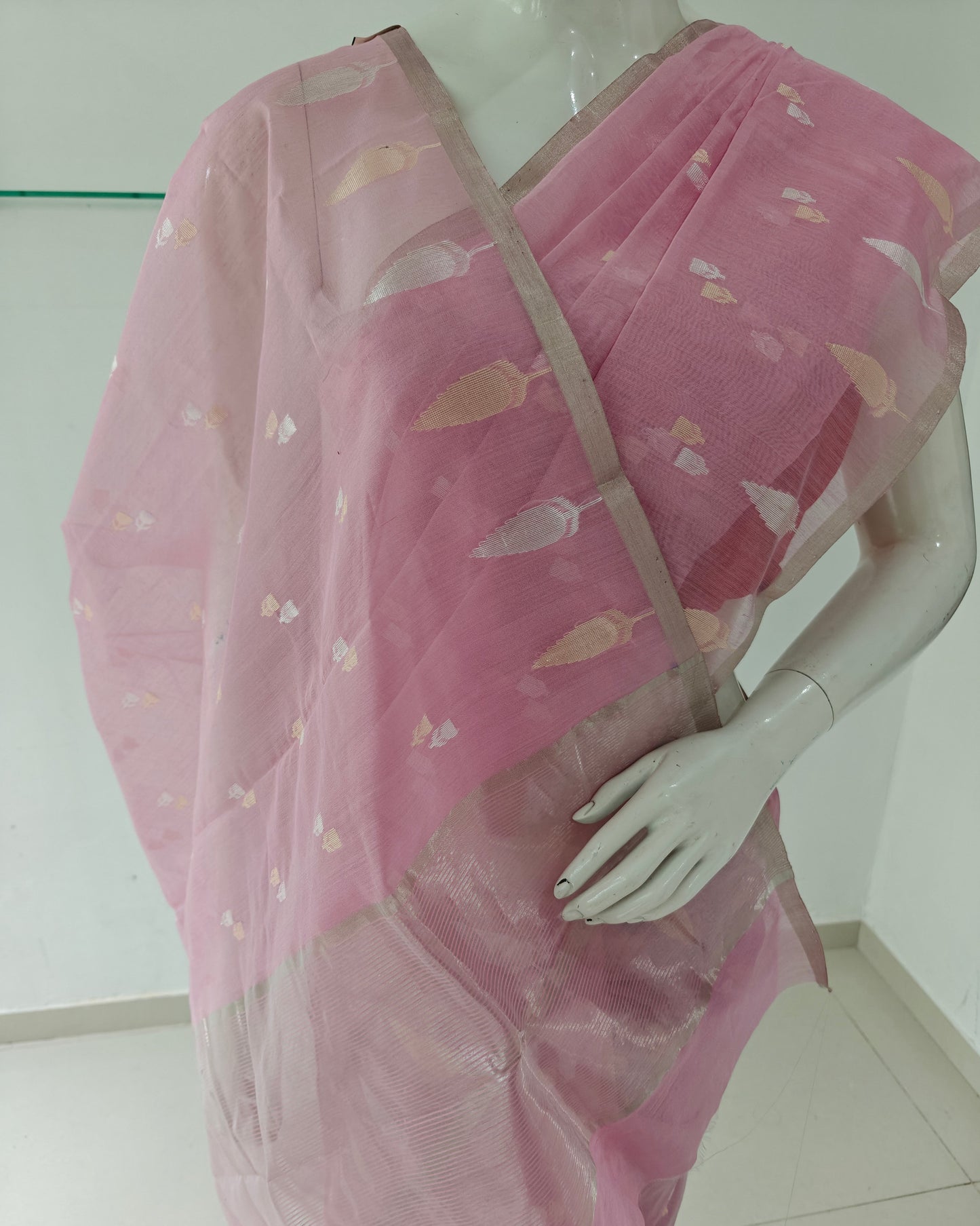 Blush Harmony – Pure Handwoven Pink Silk Cotton Chanderi Saree with Unstitched Blouse & Handloom Tag