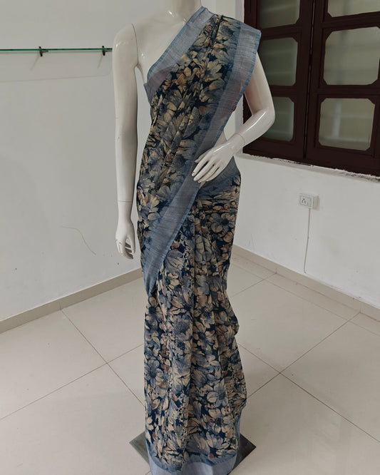 Ashen Bloom – Chhattisgarh Printed Mix Tussar Silk Saree in Smoky Grey
