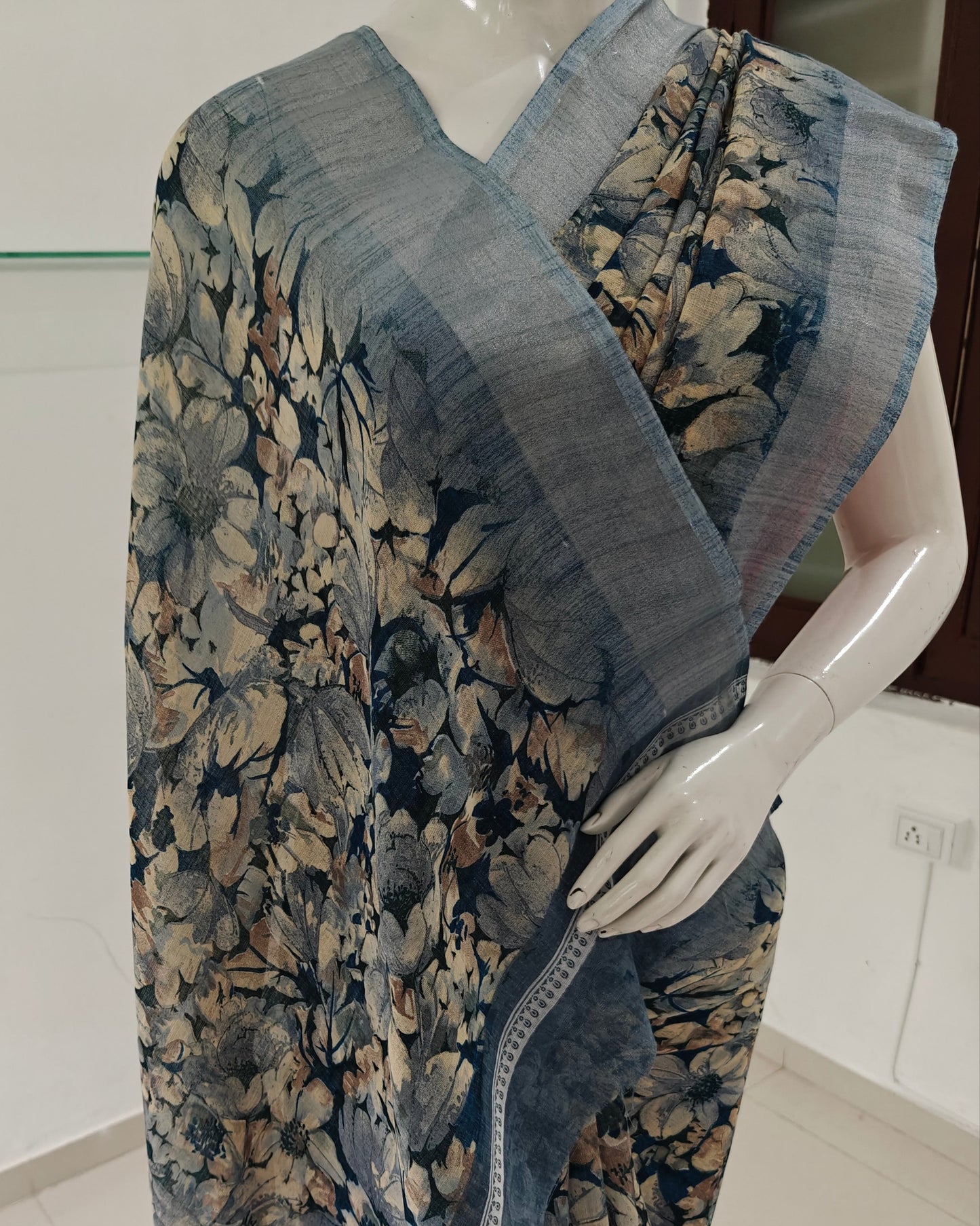 Ashen Bloom – Chhattisgarh Printed Mix Tussar Silk Saree in Smoky Grey